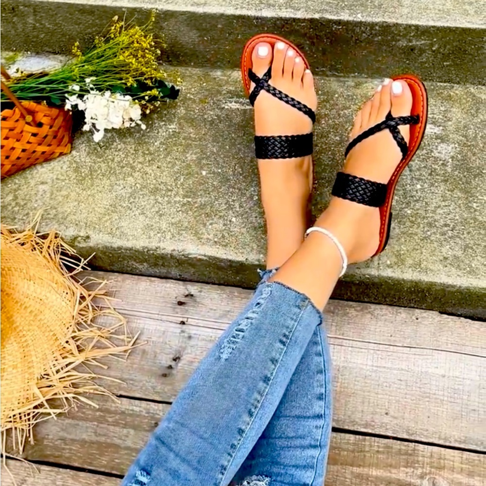 Women's Flat Slide Sandals, Toe Loop Braided Band Slip On Shoes NWOB